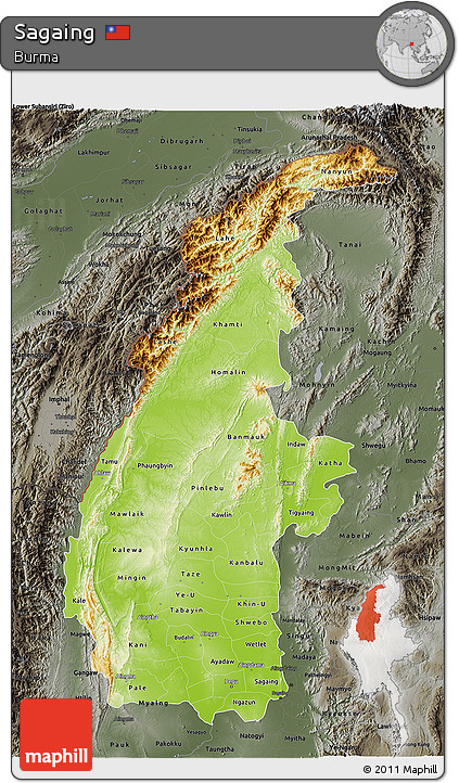 Physical 3D Map of Sagaing, darken, semi-desaturated