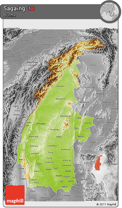 Physical 3D Map of Sagaing, desaturated