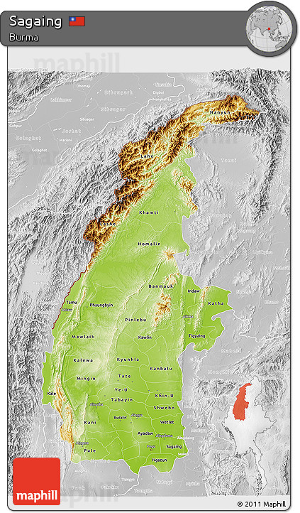 Physical 3D Map of Sagaing, lighten, desaturated
