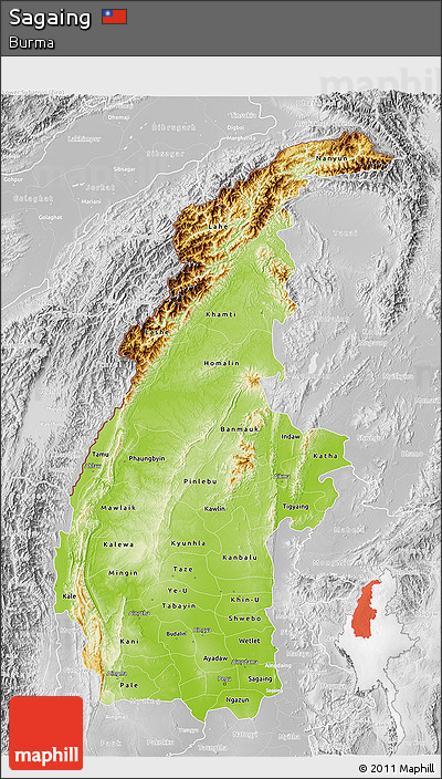 Physical 3D Map of Sagaing, lighten, desaturated