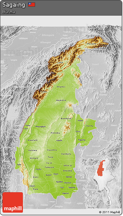 Physical 3D Map of Sagaing, lighten, desaturated