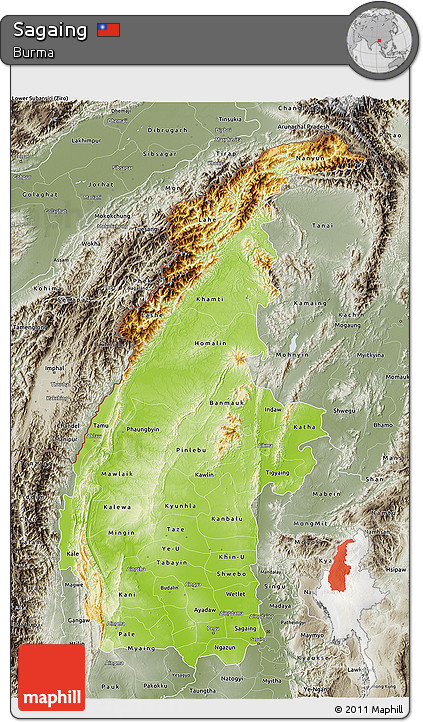 Physical 3D Map of Sagaing, semi-desaturated