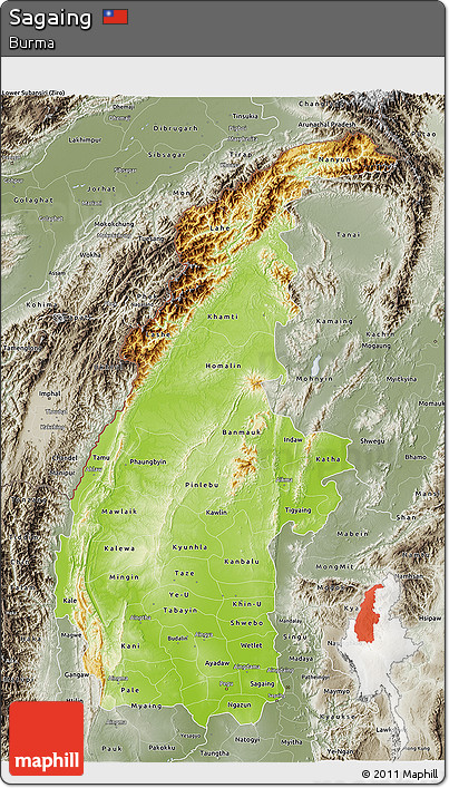 Physical 3D Map of Sagaing, semi-desaturated