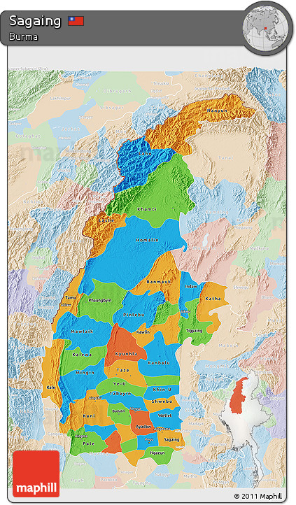 Political 3D Map of Sagaing, lighten