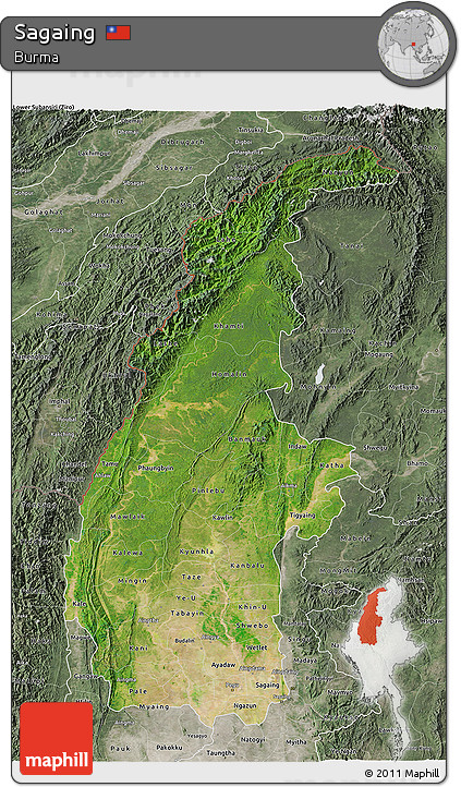 Satellite 3D Map of Sagaing, semi-desaturated