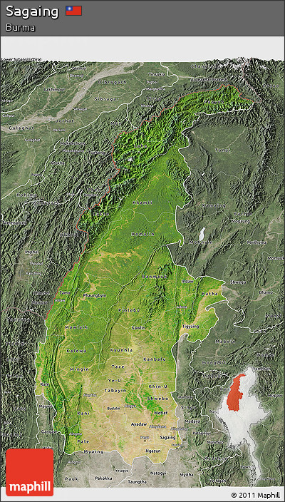 Satellite 3D Map of Sagaing, semi-desaturated