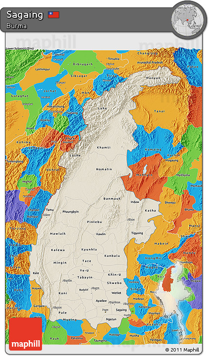 Shaded Relief 3D Map of Sagaing, political outside