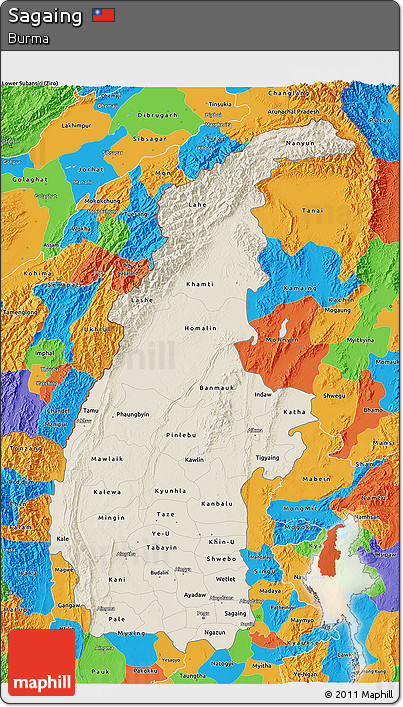 Shaded Relief 3D Map of Sagaing, political outside