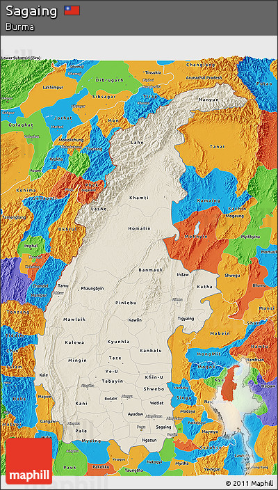 Shaded Relief 3D Map of Sagaing, political outside