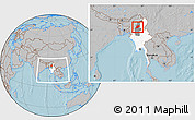 Gray Location Map of Homalin, highlighted country, highlighted parent region, within the entire country, hill shading