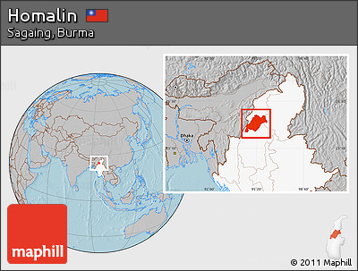 Gray Location Map of Homalin, highlighted country, hill shading