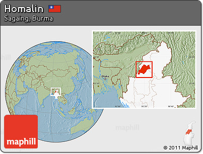 Savanna Style Location Map of Homalin, highlighted country, hill shading