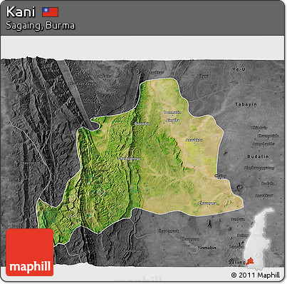 Satellite 3D Map of Kani, darken, desaturated