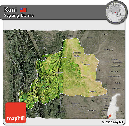 Satellite 3D Map of Kani, darken, semi-desaturated