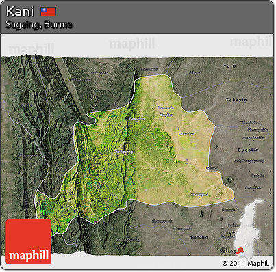 Satellite 3D Map of Kani, darken, semi-desaturated