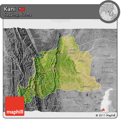 Satellite 3D Map of Kani, desaturated
