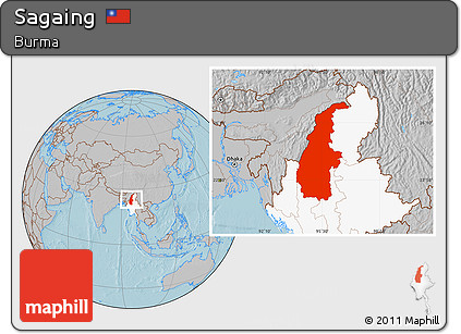 Gray Location Map of Sagaing, highlighted country, hill shading