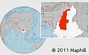 Gray Location Map of Sagaing, highlighted country, hill shading