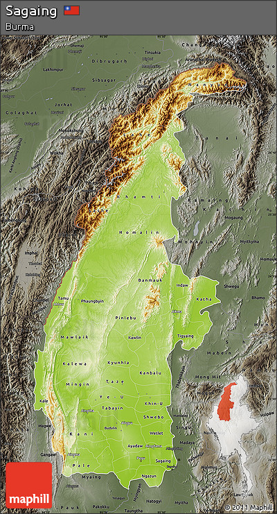 Physical Map of Sagaing, darken, semi-desaturated