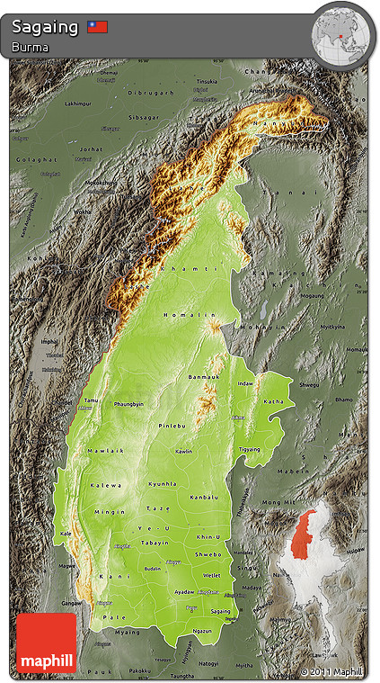 Physical Map of Sagaing, darken, semi-desaturated