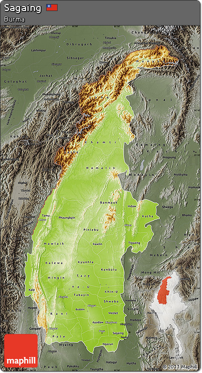 Physical Map of Sagaing, darken, semi-desaturated