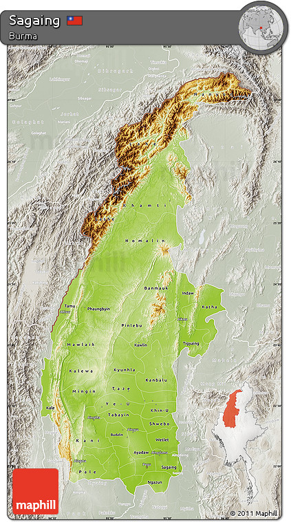Physical Map of Sagaing, lighten, semi-desaturated