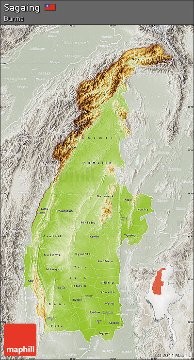 Physical Map of Sagaing, lighten, semi-desaturated