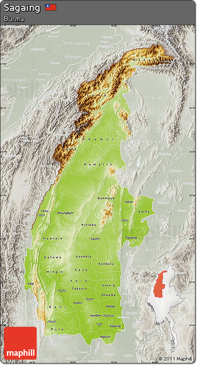 Physical Map of Sagaing, lighten, semi-desaturated