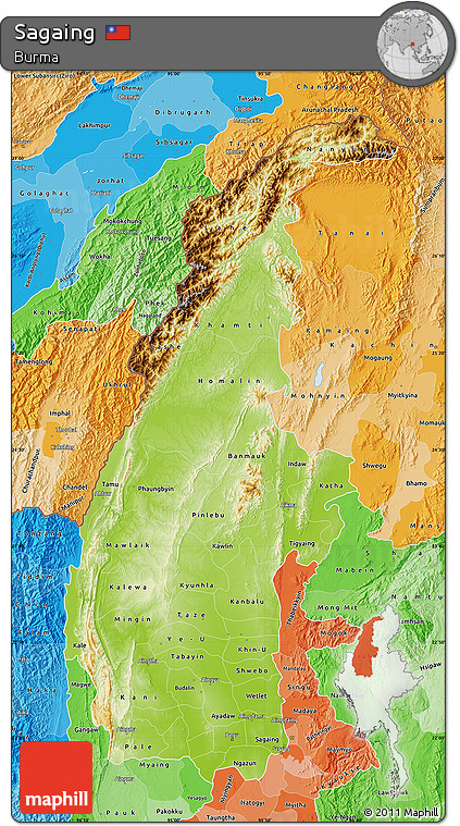 Physical Map of Sagaing, political shades outside