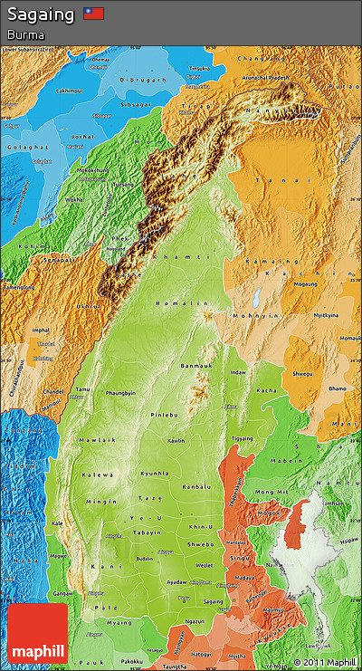 Physical Map of Sagaing, political shades outside