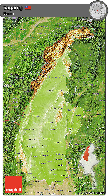 Physical Map of Sagaing, satellite outside