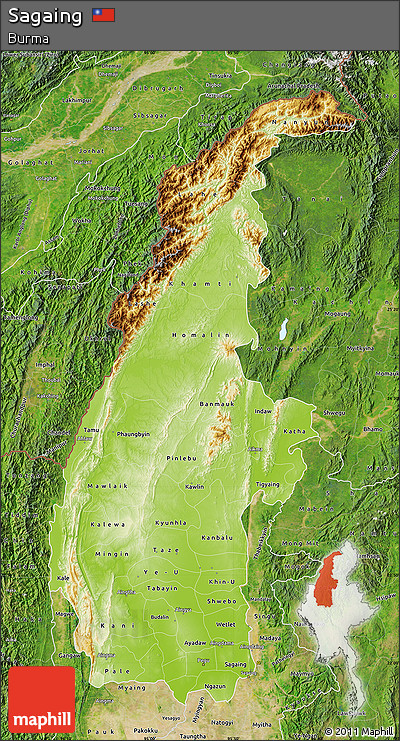 Physical Map of Sagaing, satellite outside