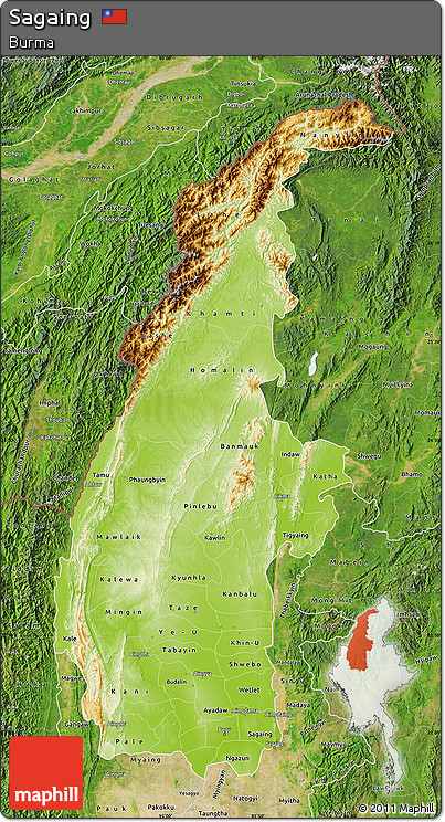 Physical Map of Sagaing, satellite outside