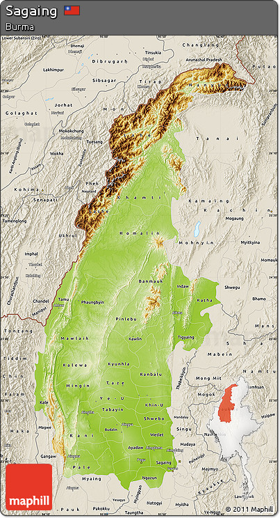 Physical Map of Sagaing, shaded relief outside