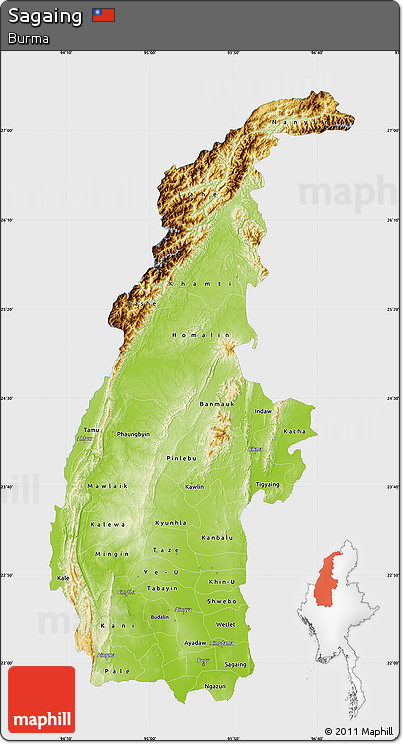 Physical Map of Sagaing, single color outside
