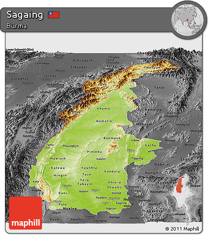 Physical Panoramic Map of Sagaing, darken, desaturated