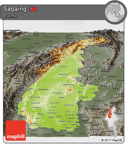 Physical Panoramic Map of Sagaing, darken, semi-desaturated