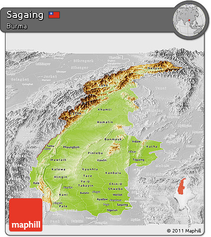 Physical Panoramic Map of Sagaing, lighten, desaturated