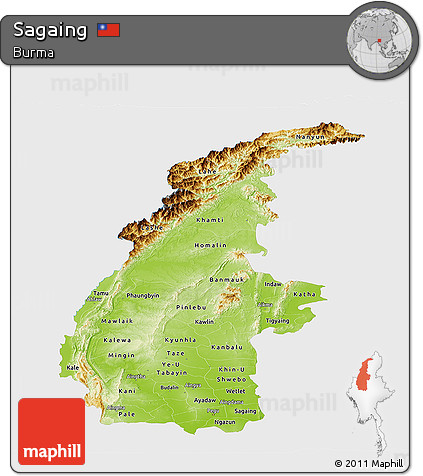 Physical Panoramic Map of Sagaing, single color outside