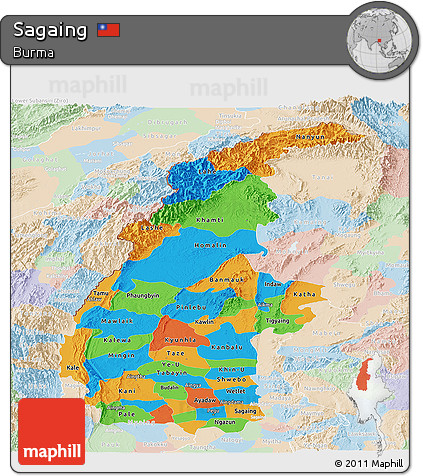 Political Panoramic Map of Sagaing, lighten