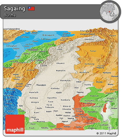 Shaded Relief Panoramic Map of Sagaing, political shades outside