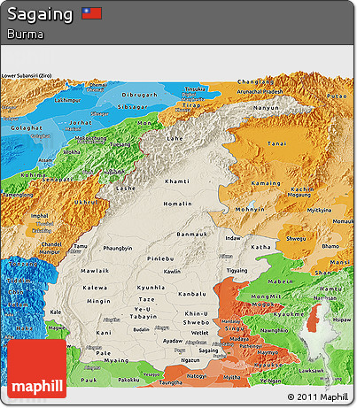 Shaded Relief Panoramic Map of Sagaing, political shades outside
