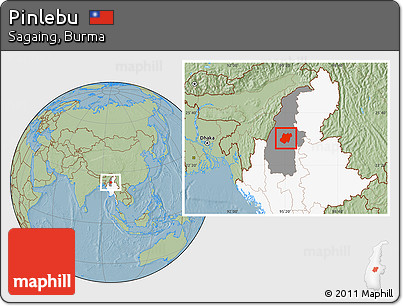 Savanna Style Location Map of Pinlebu, highlighted country, highlighted parent region, hill shading