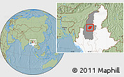 Savanna Style Location Map of Pinlebu, highlighted country, highlighted parent region, hill shading