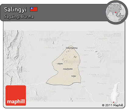Shaded Relief 3D Map of Salingyi, lighten, semi-desaturated