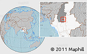 Gray Location Map of Shwebo, highlighted country, highlighted parent region, hill shading