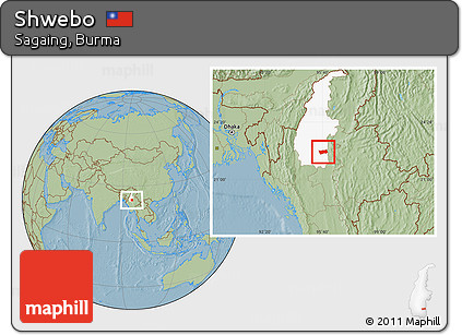 Savanna Style Location Map of Shwebo, highlighted parent region, hill shading
