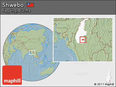 Savanna Style Location Map of Shwebo, highlighted parent region, hill shading