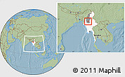 Savanna Style Location Map of Tabayin, highlighted country, highlighted parent region, within the entire country, hill shading