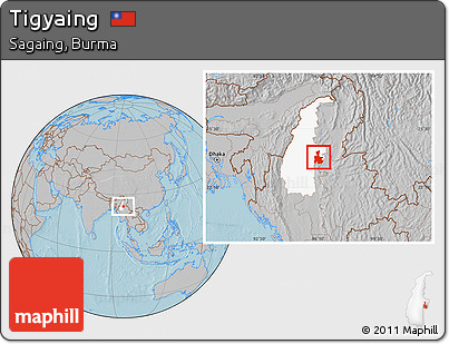 Gray Location Map of Tigyaing, highlighted parent region, hill shading